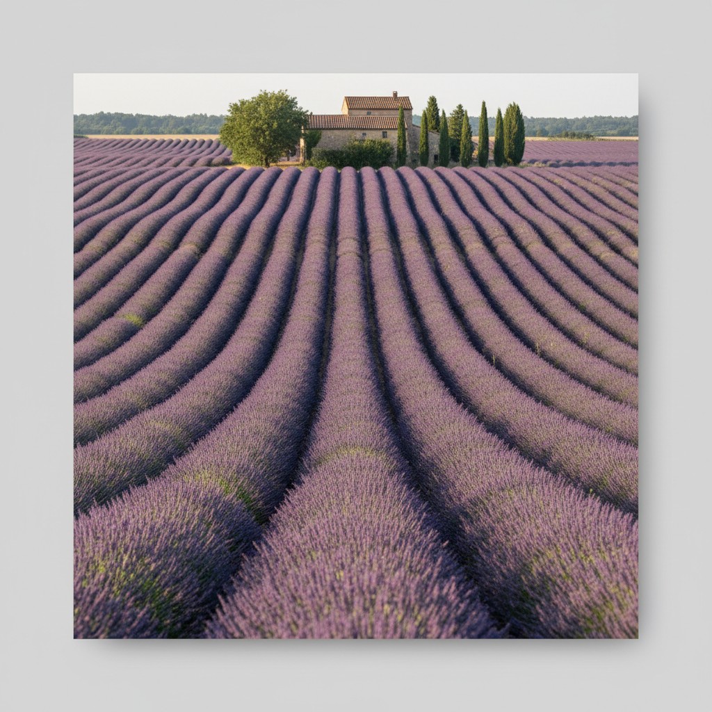 Il s'agit d'une vue de champ de lavande au sud de la France dans la soirée. Les champs de lavande sont formés en coupe hau...