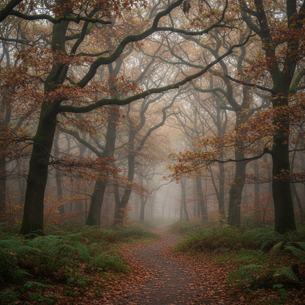 The alt text for this image reads: "A path winding through an autumnal forest, surrounded by trees and fallen leaves."