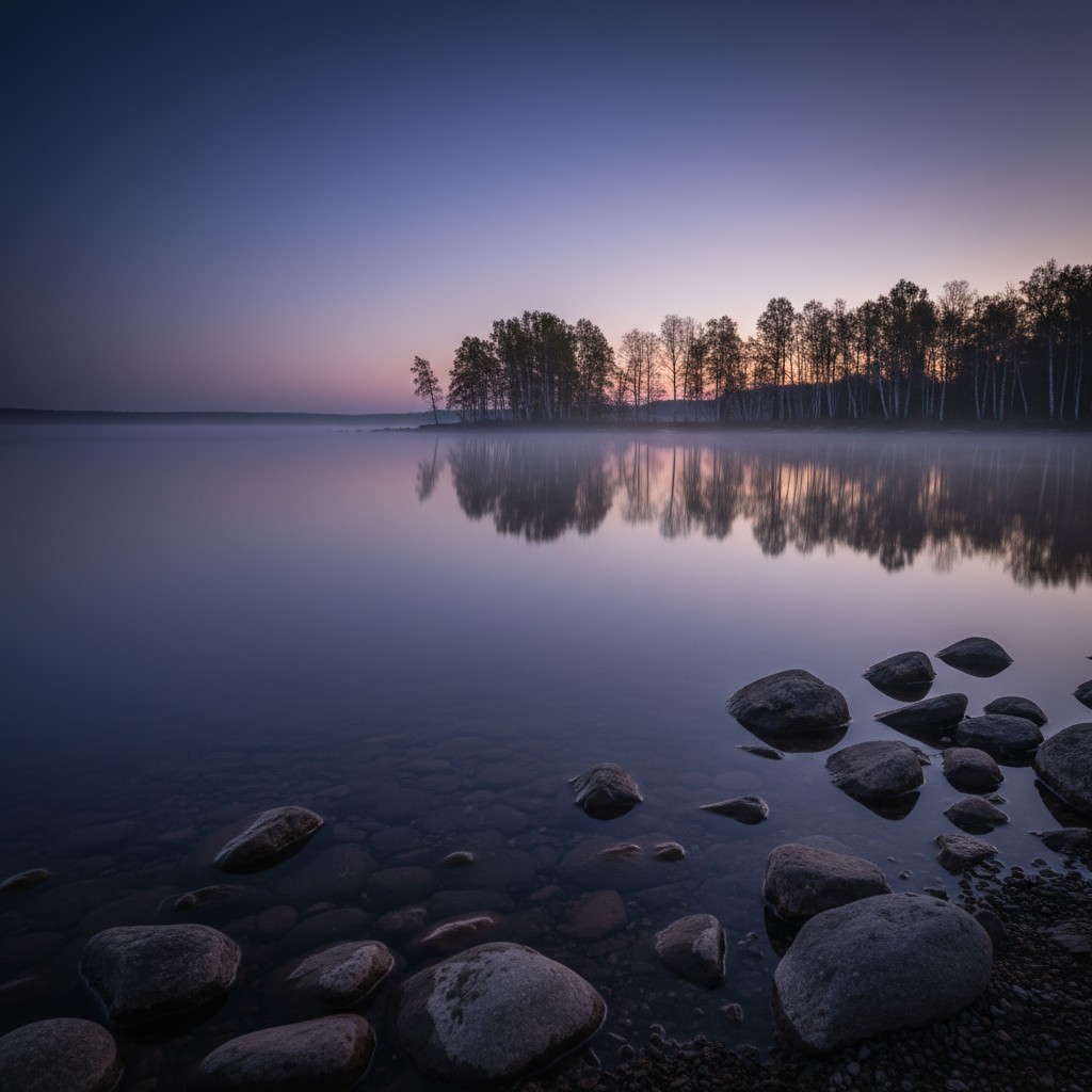 Une baie serre calme à la lumière du soleil couchant.